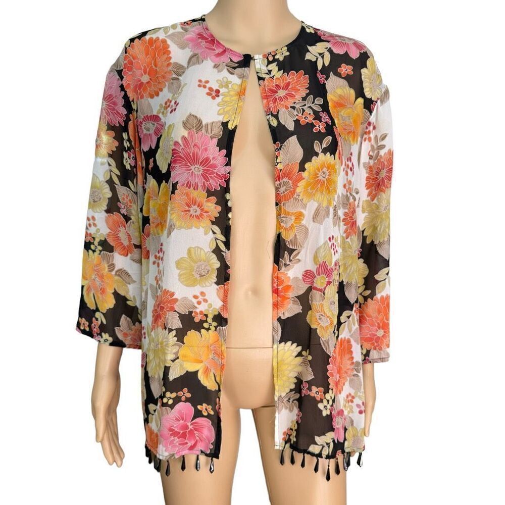 Anthracite 100% silk floral top open cardigan size M